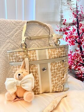 Coach Beige and Cream Signature Canvas Tote with Bear Charm
